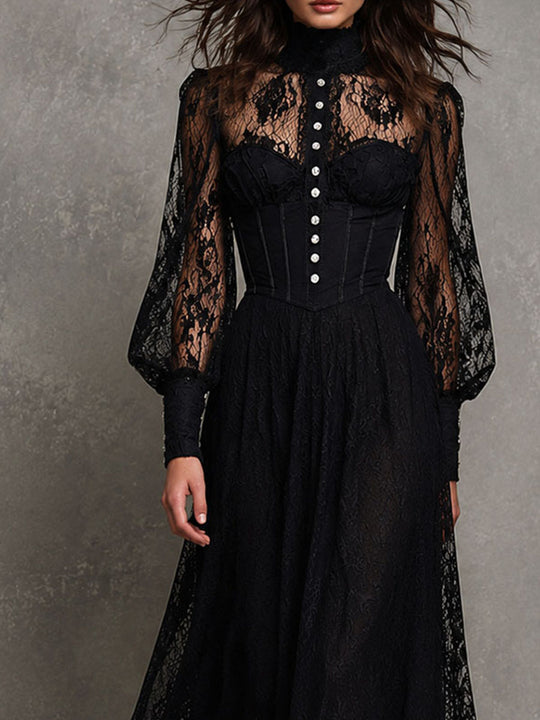 Retro Elegant Black Lace Corset Bodice Puff Sleeve High Neck Midi Dress