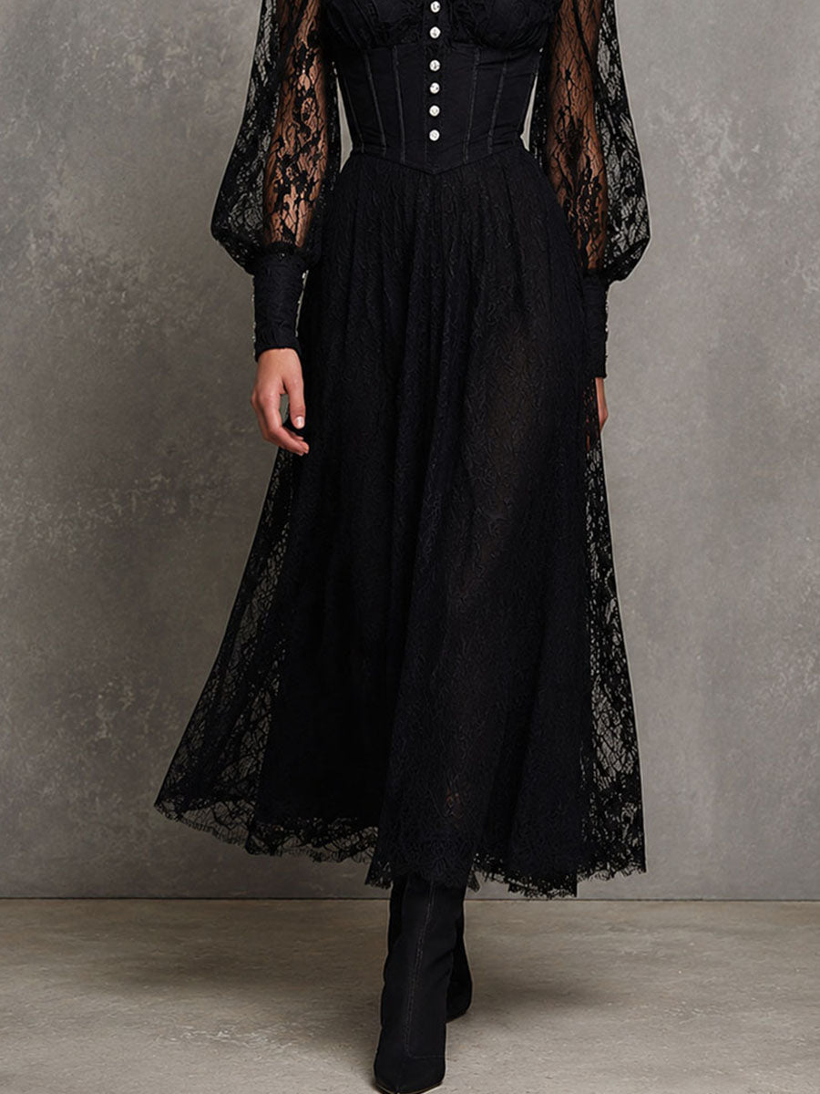 Retro Elegant Black Lace Corset Bodice Puff Sleeve High Neck Midi Dress