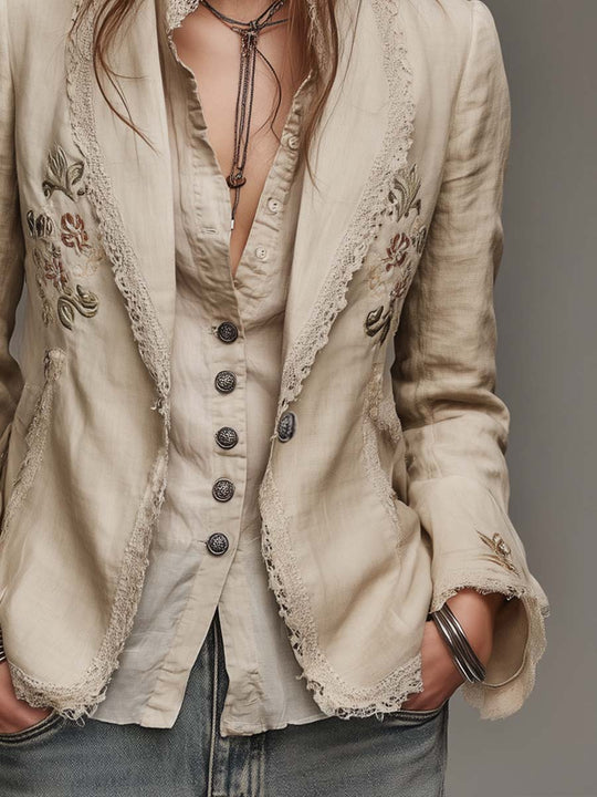 Vintage Embroidered Lace Trim Cotton-linen Blazer