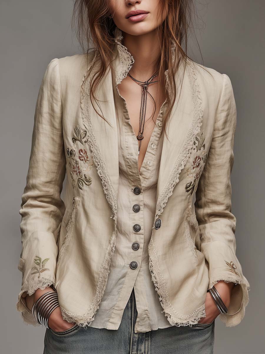 Vintage Embroidered Lace Trim Cotton-linen Blazer