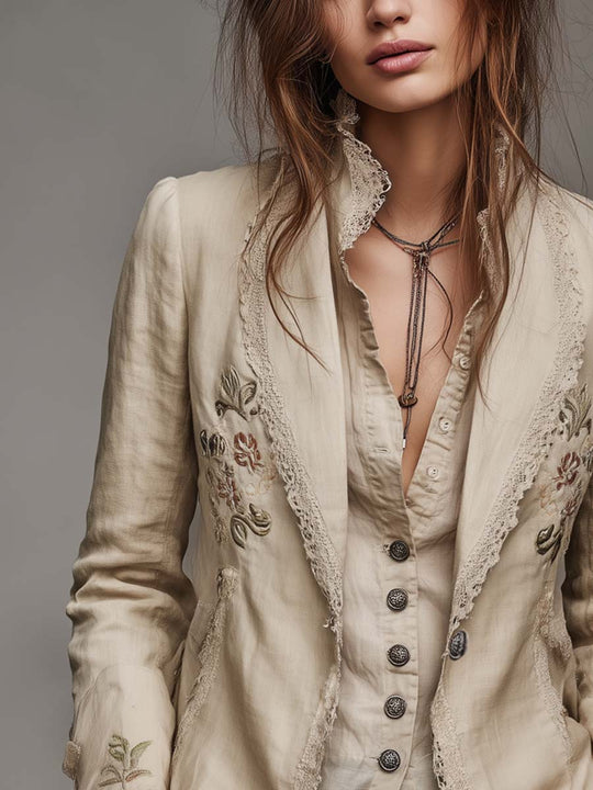 Vintage Embroidered Lace Trim Cotton-linen Blazer