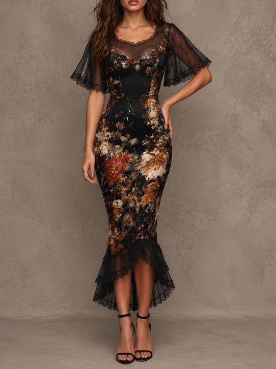 Vintage Gothic Floral Print Lace Mesh Short Sleeve Mermaid Midi Dress