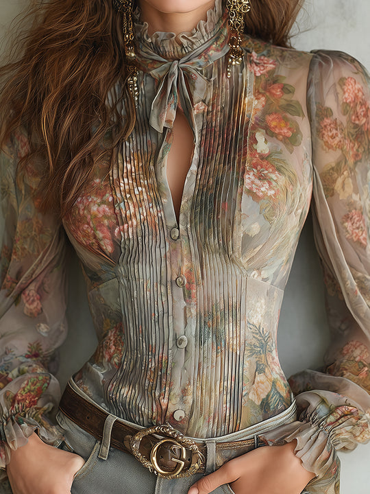 Boho-style Oil Painting Print Fitted Blouse With A Tie-neck Detail