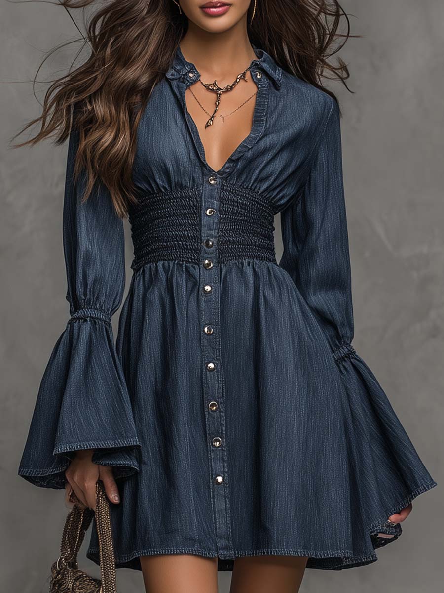 Boho Vintage Collared Button Front Smocked Waist Flare Long Sleeve Mini Denim Dress