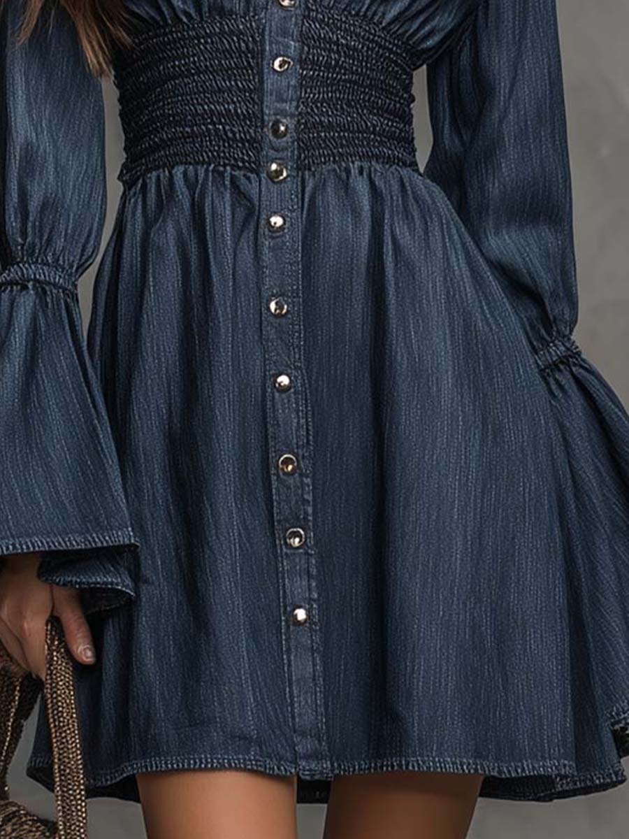Boho Vintage Collared Button Front Smocked Waist Flare Long Sleeve Mini Denim Dress