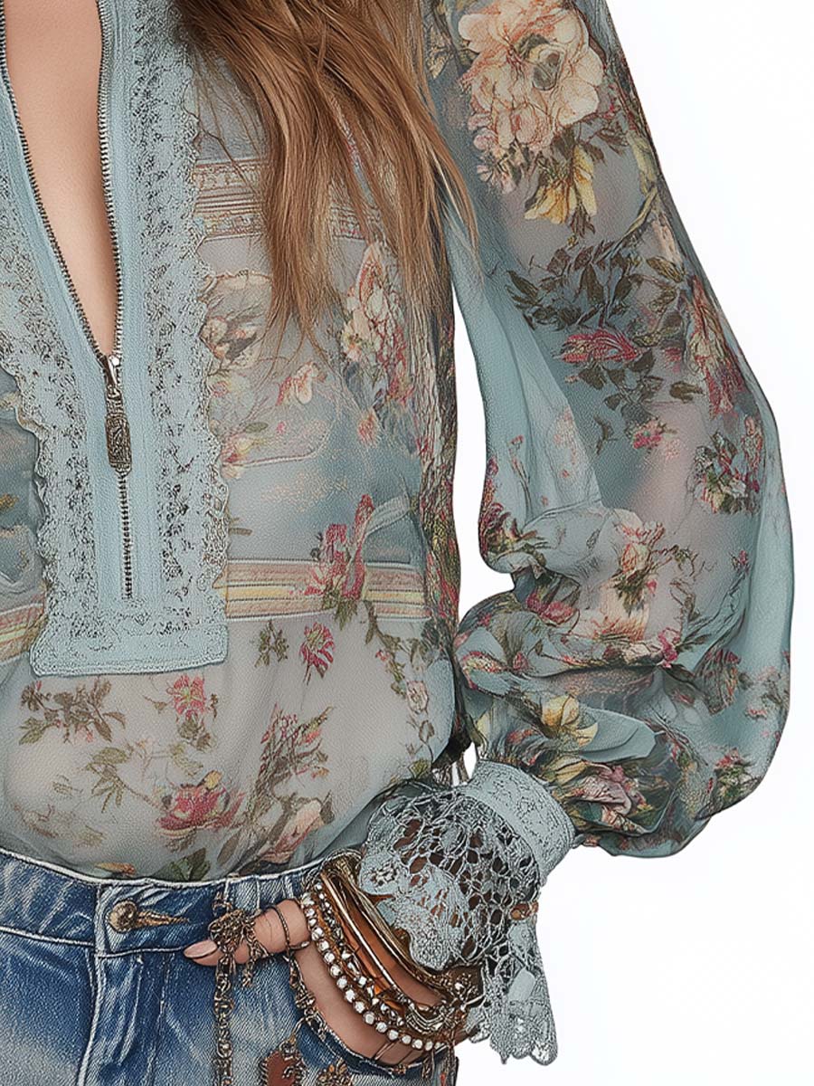 Boho Vintage Floral Print Lace Trim Zip Front Puff Long Sleeve Sheer Blouse