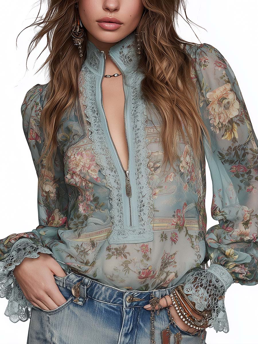 Boho Vintage Floral Print Lace Trim Zip Front Puff Long Sleeve Sheer Blouse