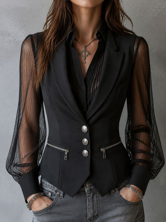 Retro Black Lapel Zip Pocket Vest And Sheer Pleated Shirt 2Pcs Set