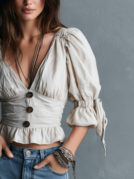 Boho Cotton Deep V Button-Front Puff Sleeve Peplum Blouse