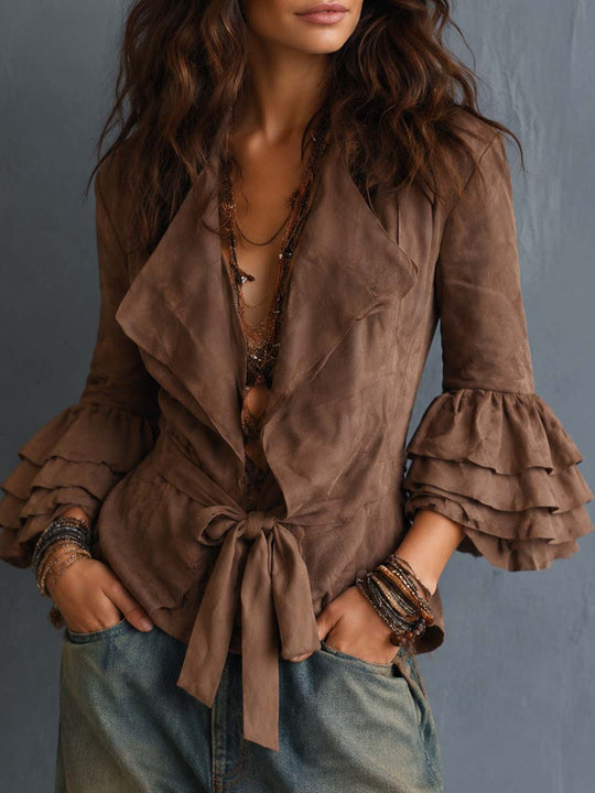 Boho Suede Tie-Front Ruffle Sleeve Jacket Blouse