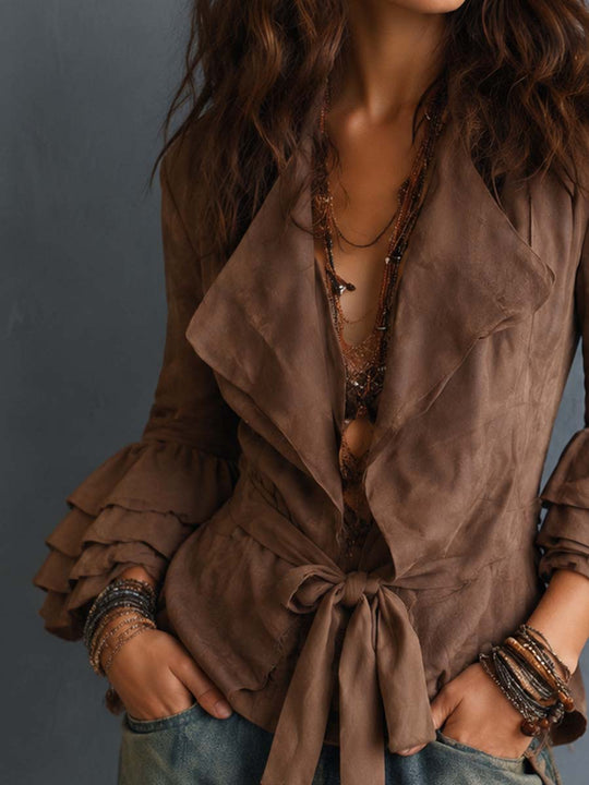 Boho Suede Tie-Front Ruffle Sleeve Jacket Blouse