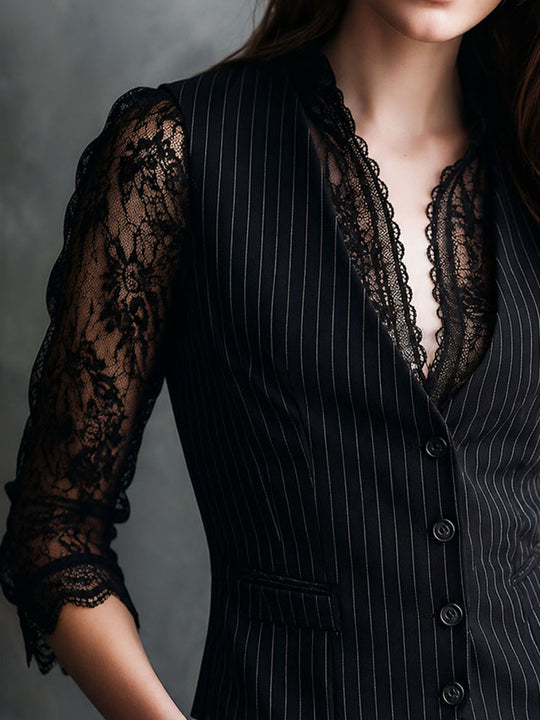 Retro Elgant Black Pinstripe Vest With Lace Sleeve