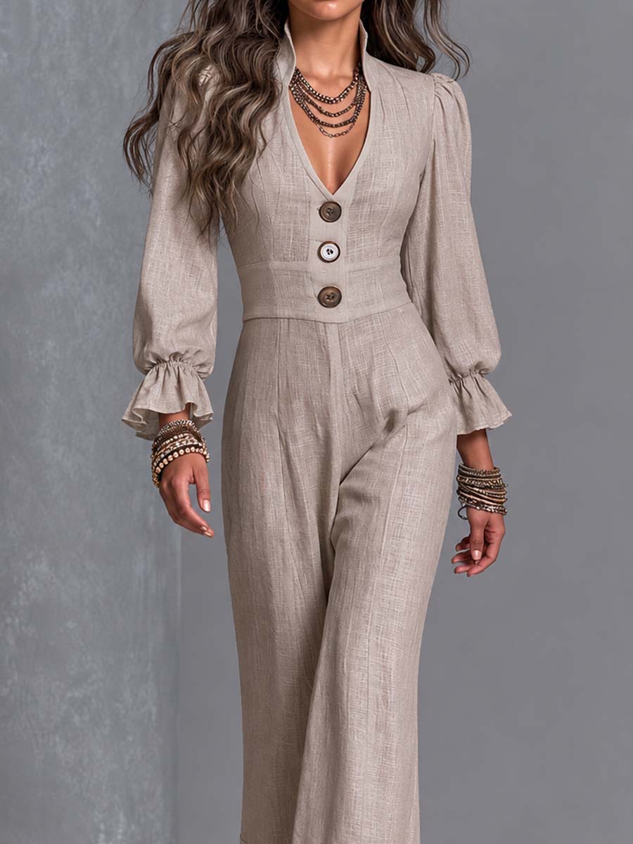 Boho Linen Deep V Button-Front Lace-Hem Wide-Leg Jumpsuit