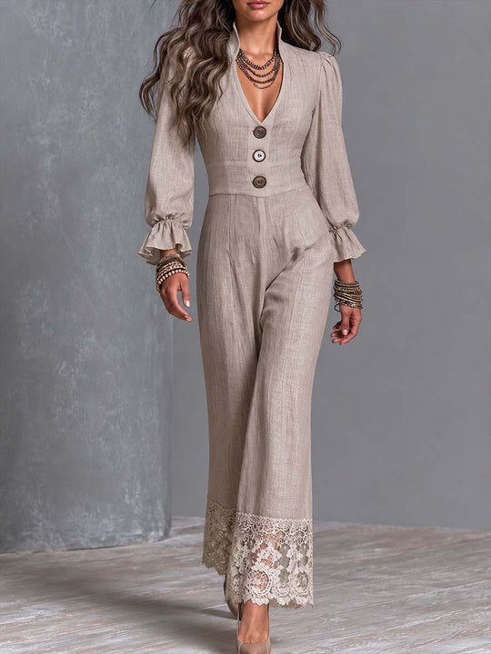Boho Linen Deep V Button-Front Lace-Hem Wide-Leg Jumpsuit