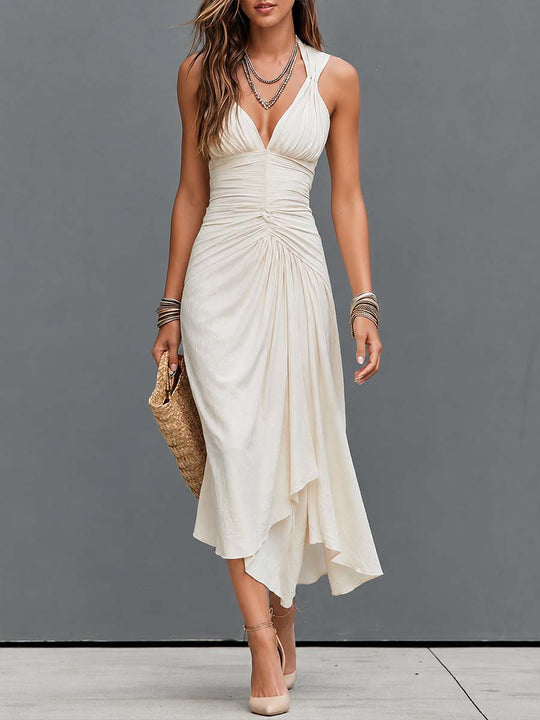Boho Ruched Deep V Halter Asymmetric Midi Dress