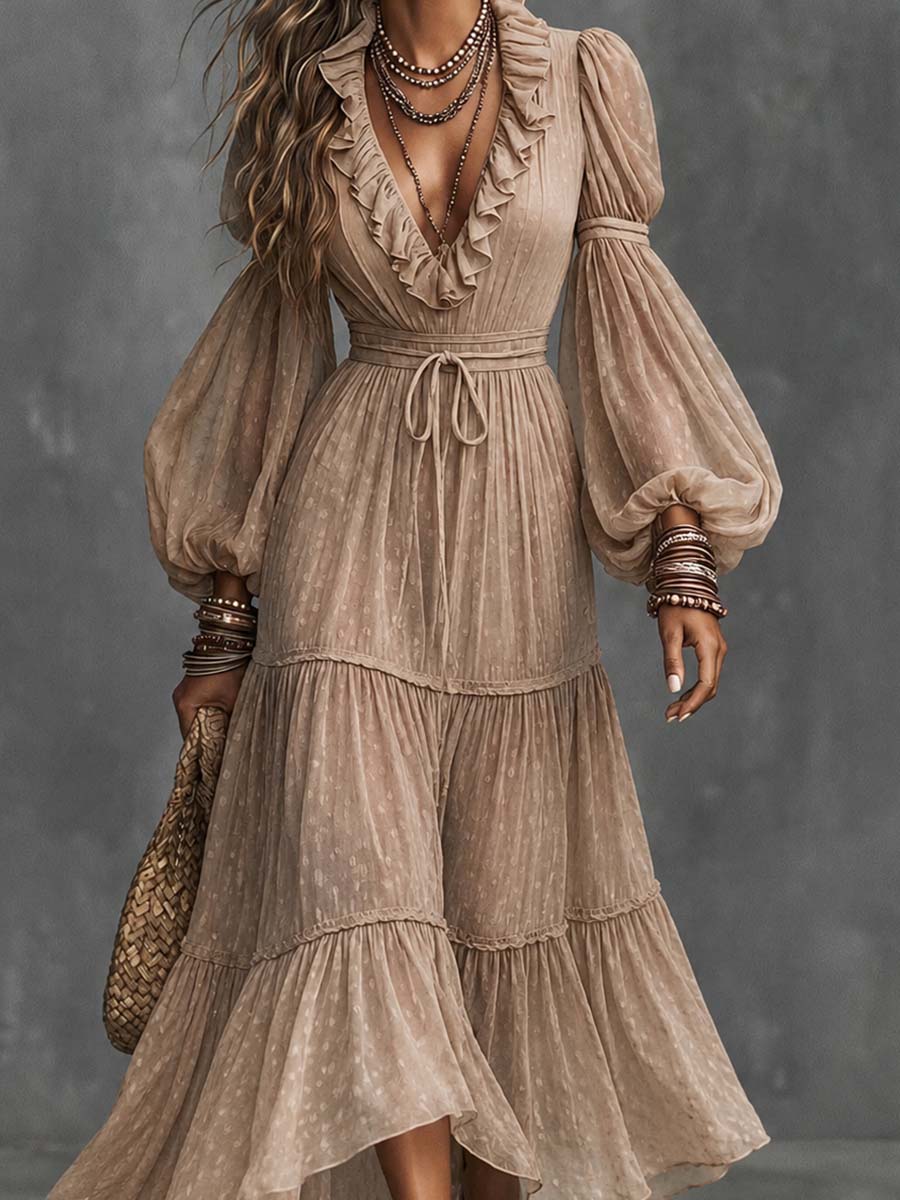 Boho Tiered Ruffle Deep V Balloon Sleeve Maxi Dress