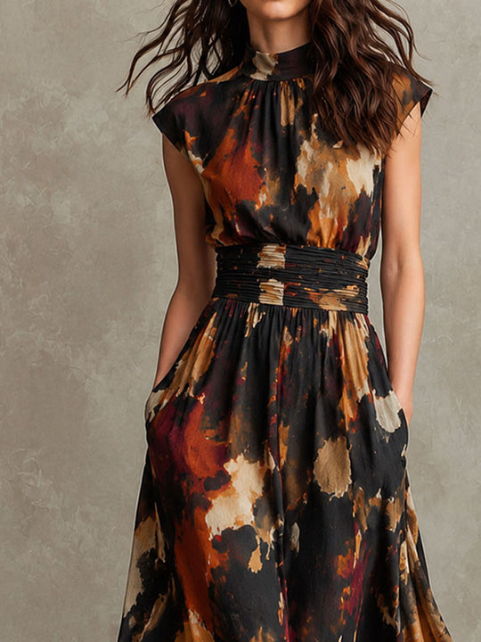 Vintage Ink Splash Print Smocked Waist Cap Sleeve Midi Dress