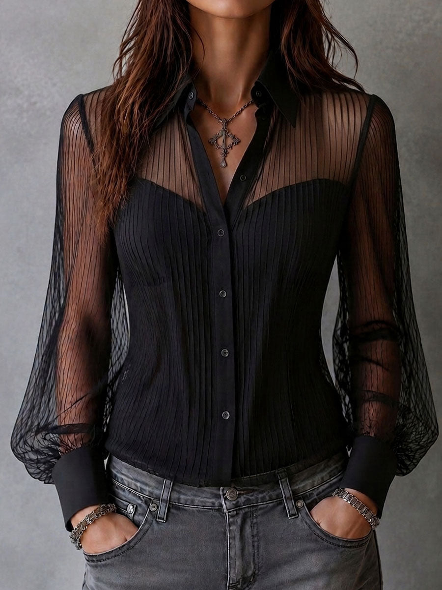 Retro Black Lapel Zip Pocket Vest And Sheer Pleated Shirt 2Pcs Set