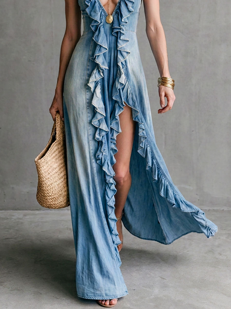 Wash-dyed Vintage Slit Denim Tank Dress