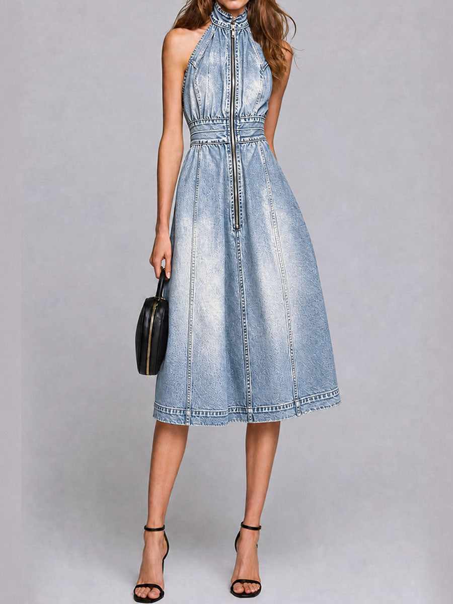 Wash-dipped Faded Slip Zipper Denim Midi Skirt