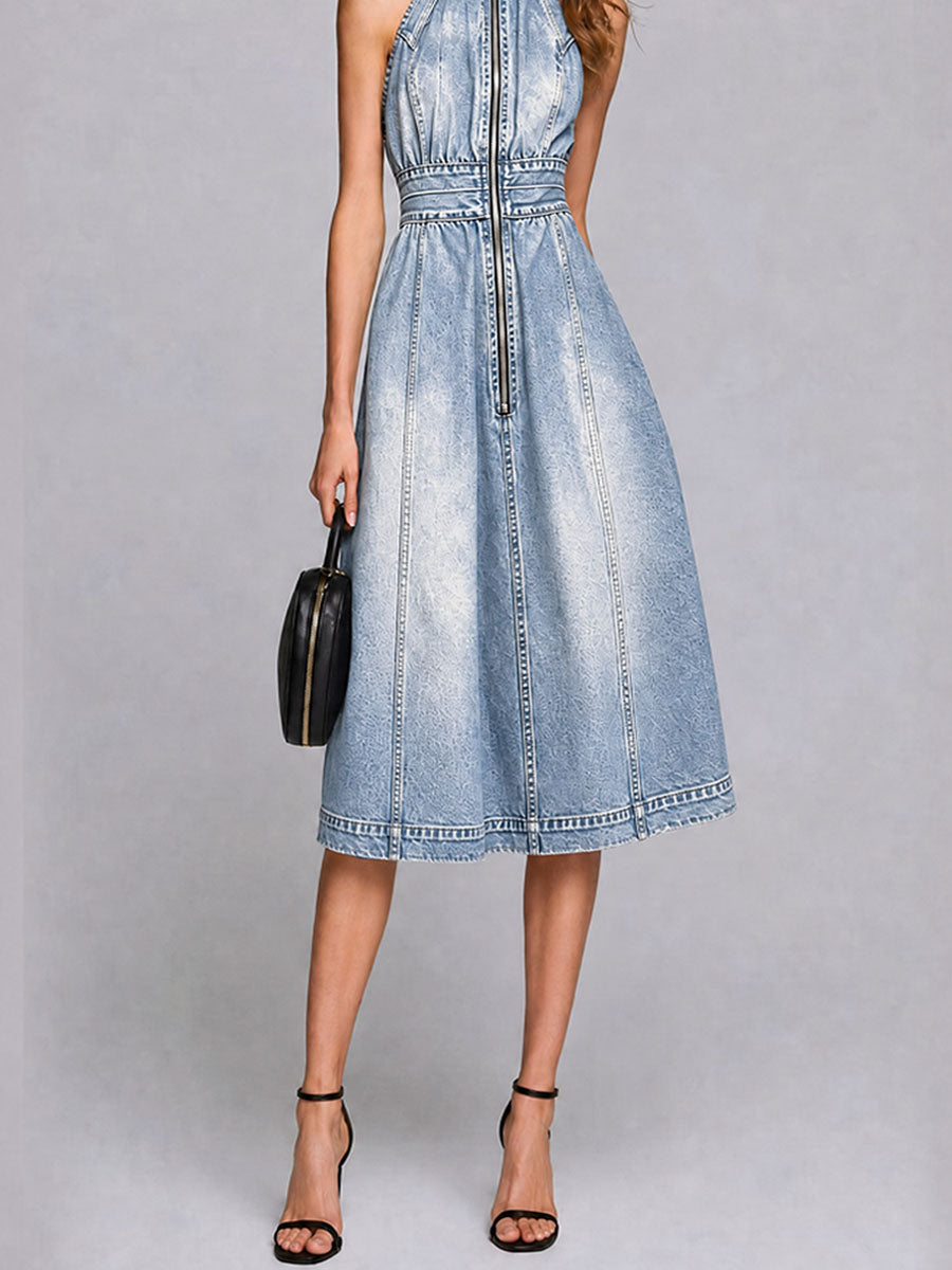 Wash-dipped Faded Slip Zipper Denim Midi Skirt
