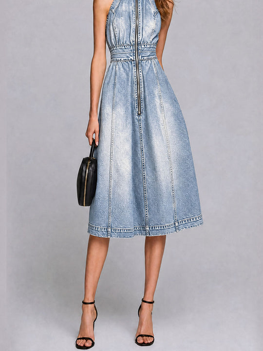 Wash-dipped Faded Slip Zipper Denim Midi Skirt