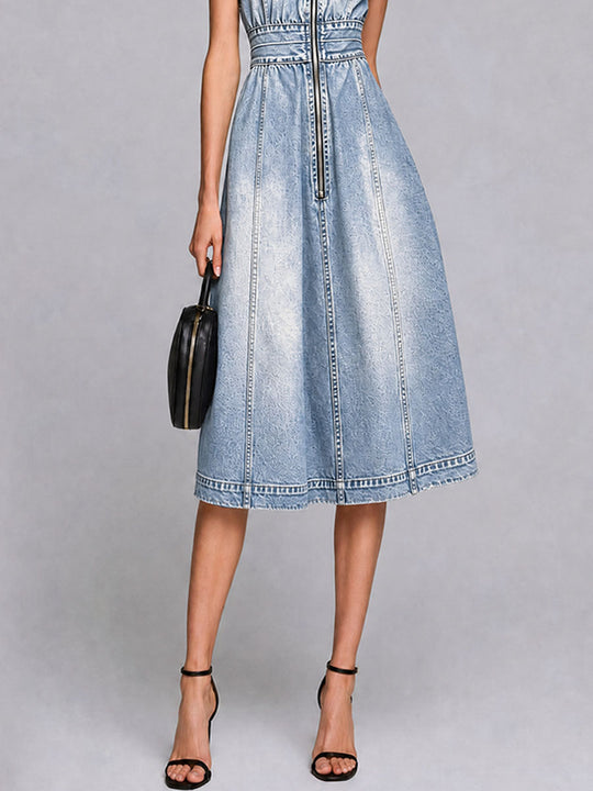 Wash-dipped Faded Slip Zipper Denim Midi Skirt