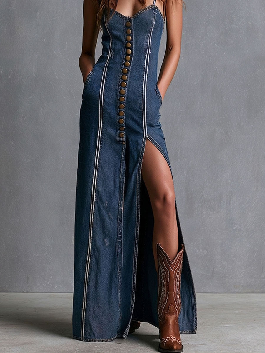 Contrast Stitch Button Placket Retro Denim Tank Dress