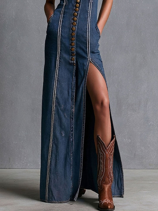 Contrast Stitch Button Placket Retro Denim Tank Dress