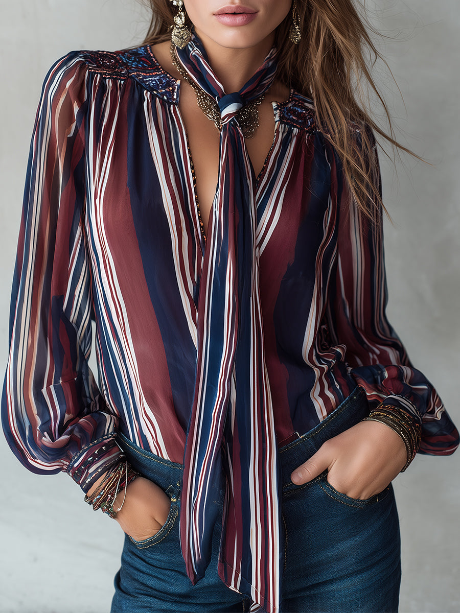 Retro Striped Print Chiffon Blouse With Lantern Sleeves (includes Scarf)