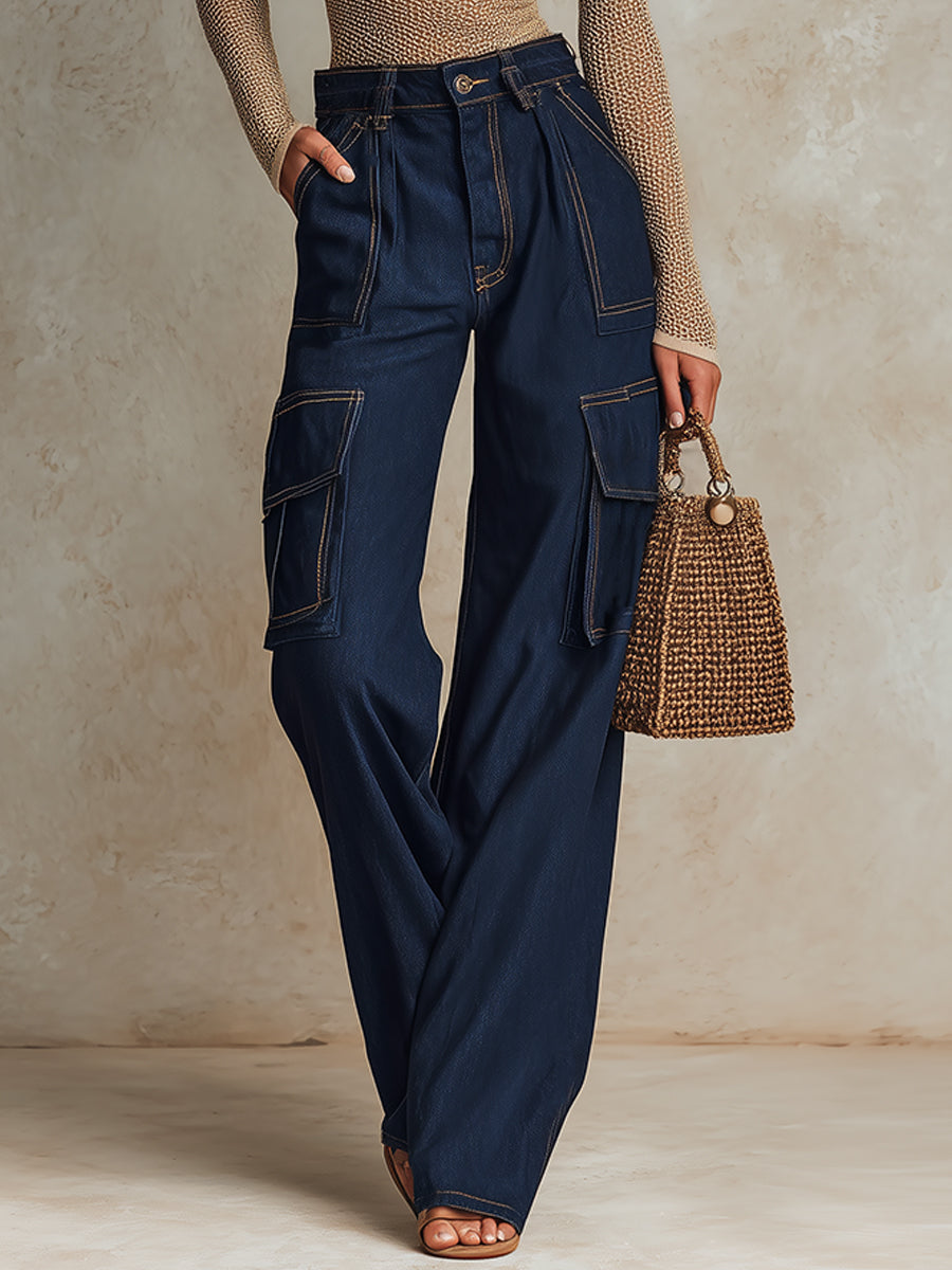 Boho-style Mesh Cold-shoulder Top & Denim Cargo Pants Set