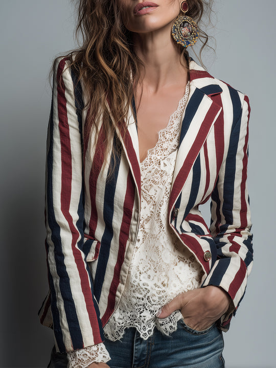 Boho-style Vintage Striped Cotton-linen Slim-fit Blazer
