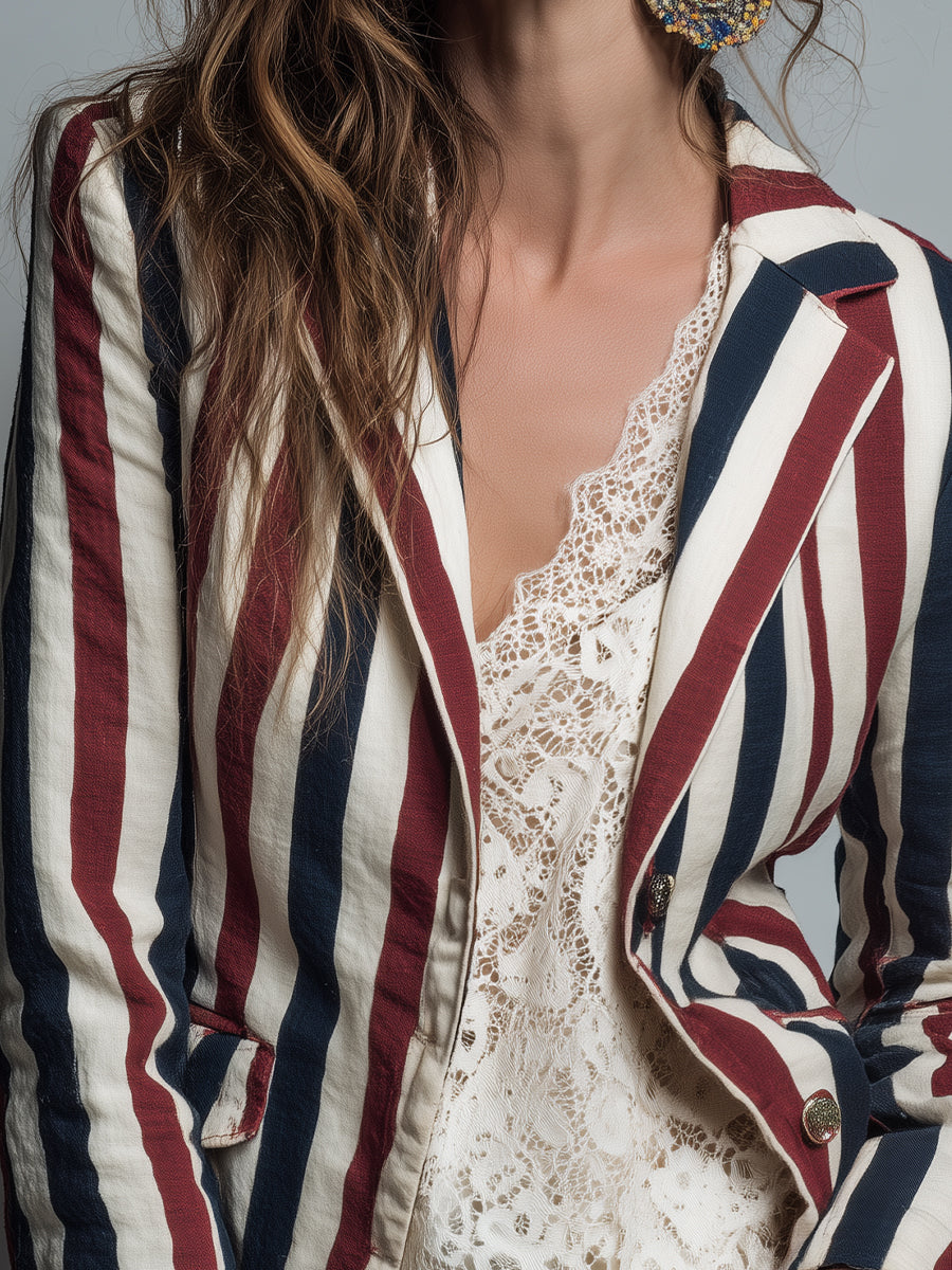 Boho-style Vintage Striped Cotton-linen Slim-fit Blazer
