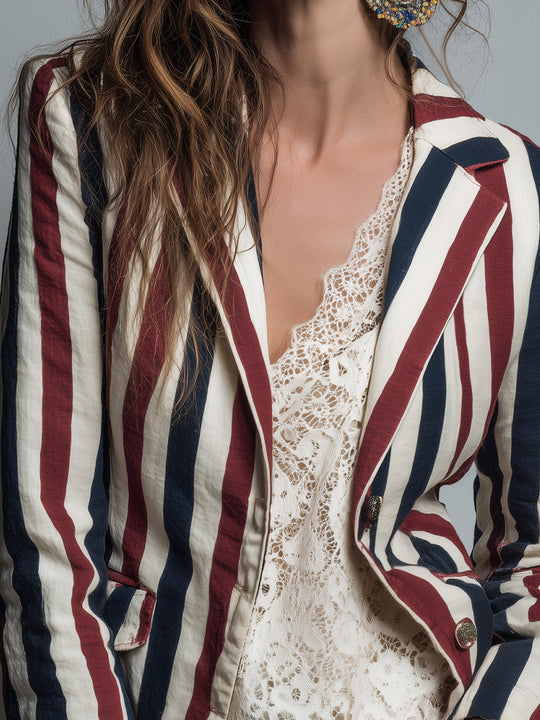 Boho-style Vintage Striped Cotton-linen Slim-fit Blazer