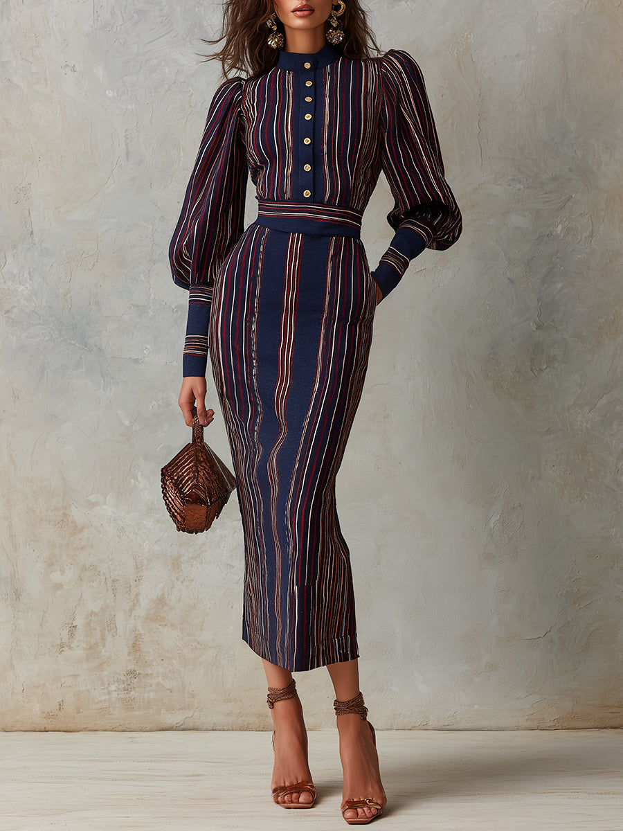 Retro Striped Print Lantern-sleeve Fitted Midi Dress