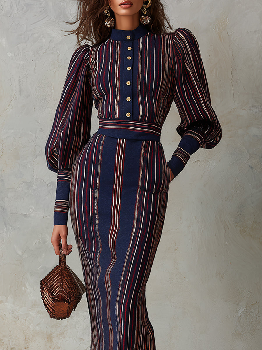 Retro Striped Print Lantern-sleeve Fitted Midi Dress