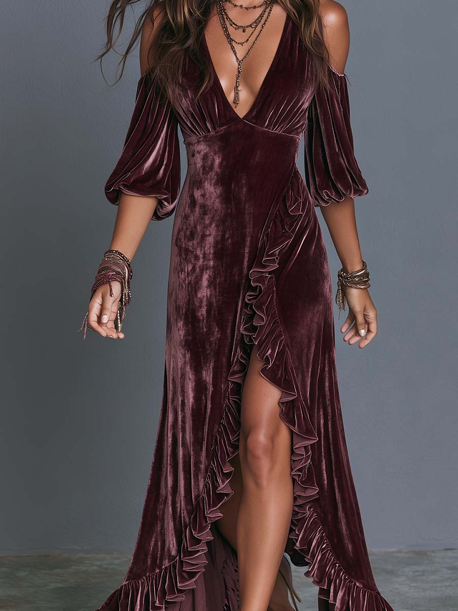 Boho Velvet Deep V Cold Shoulder Ruffle High-Slit Maxi Dress