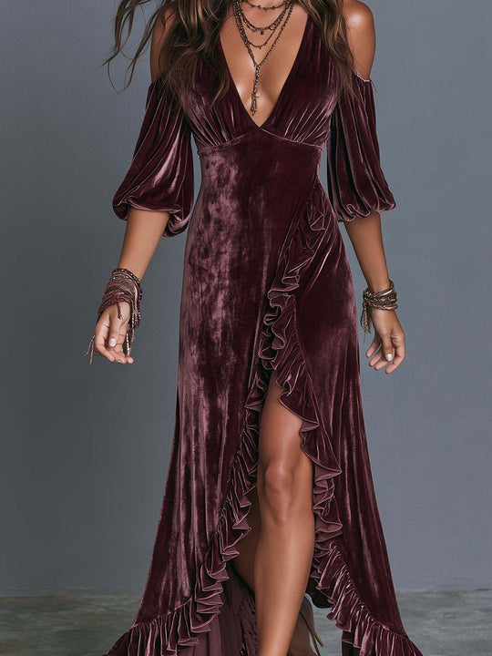 Boho Velvet Deep V Cold Shoulder Ruffle High-Slit Maxi Dress