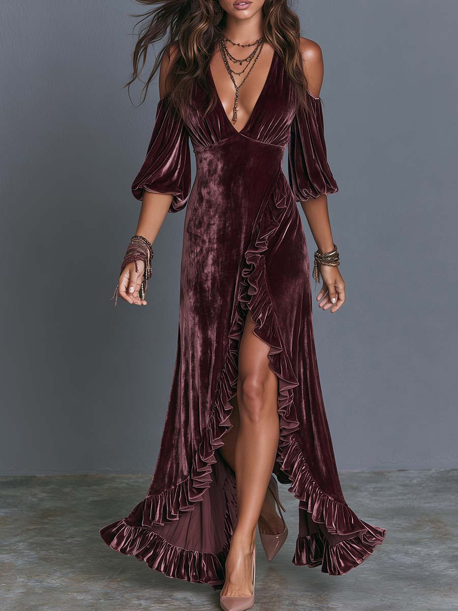 Boho Velvet Deep V Cold Shoulder Ruffle High-Slit Maxi Dress