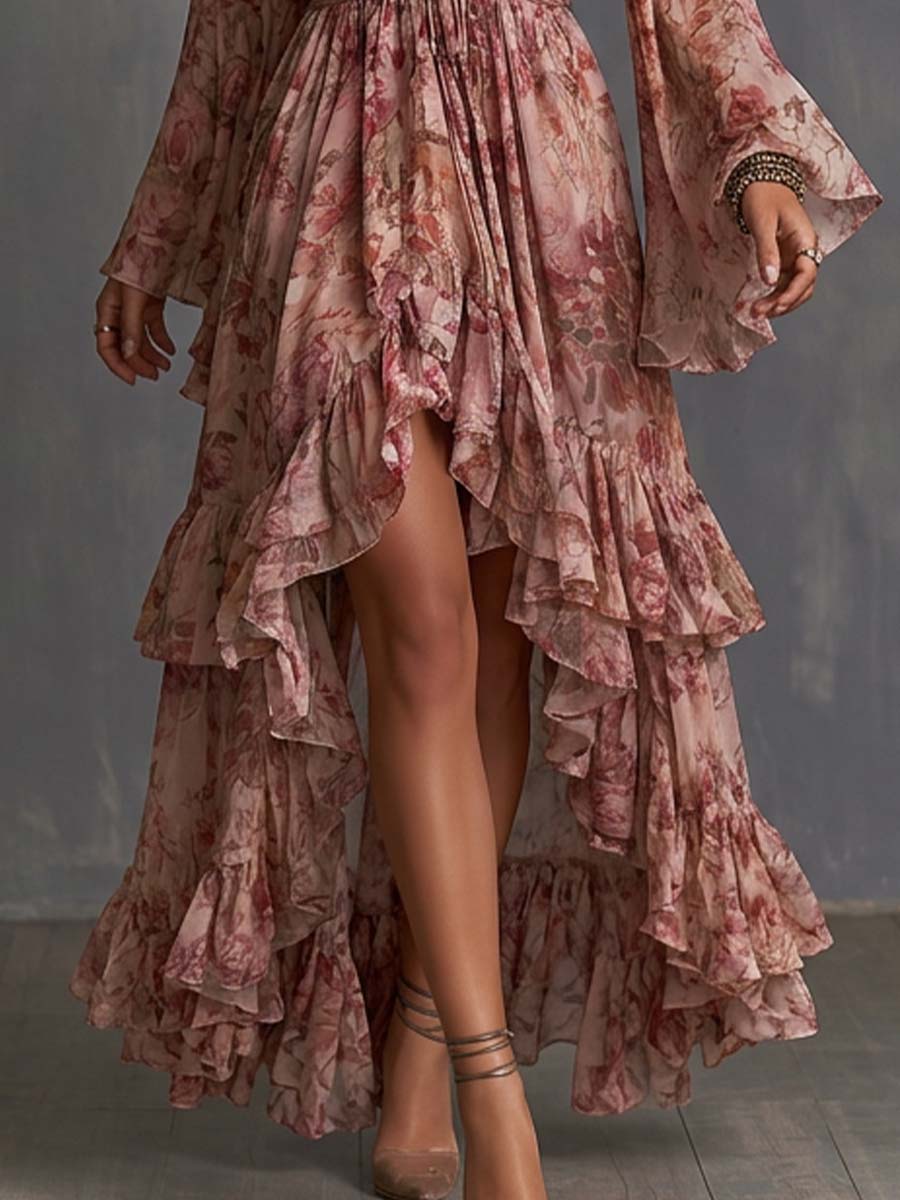 Boho Floral Deep V Bell Sleeve High-Low Ruffle Maxi Dress