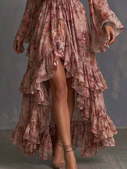 Boho Floral Deep V Bell Sleeve High-Low Ruffle Maxi Dress