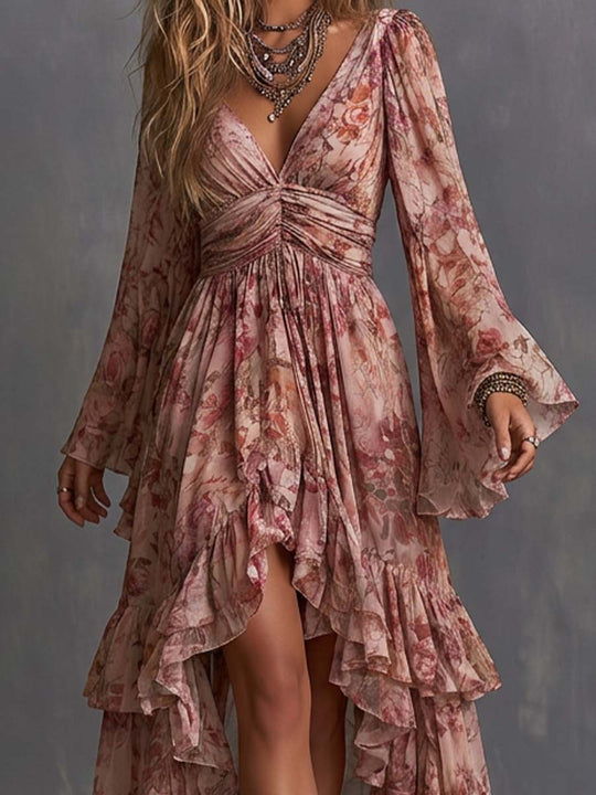 Boho Floral Deep V Bell Sleeve High-Low Ruffle Maxi Dress
