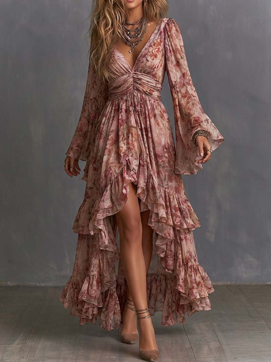 Boho Floral Deep V Bell Sleeve High-Low Ruffle Maxi Dress