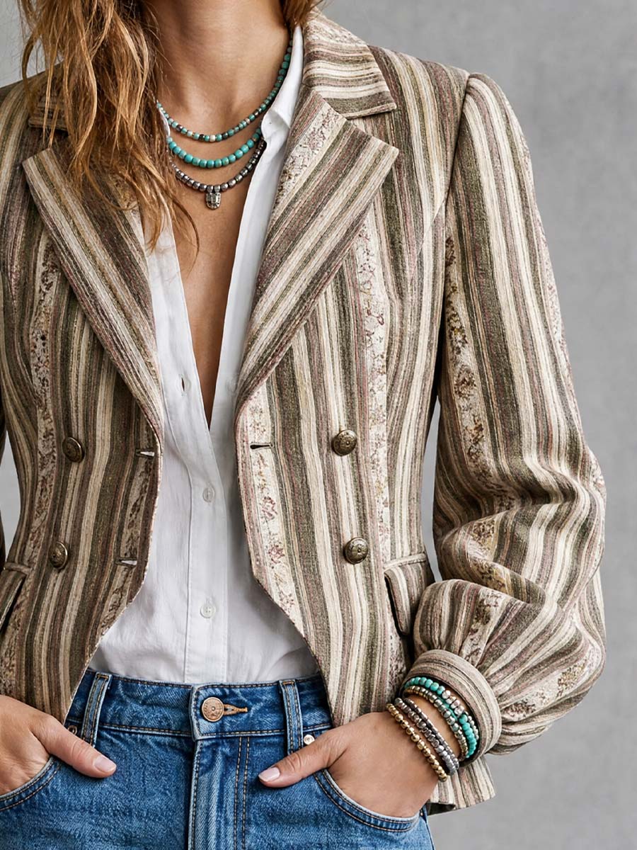Boho Striped Double-Breasted Blazer With Bishop Sleeves