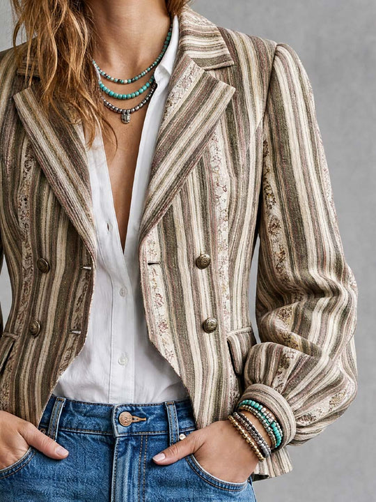 Boho Striped Double-Breasted Blazer With Bishop Sleeves