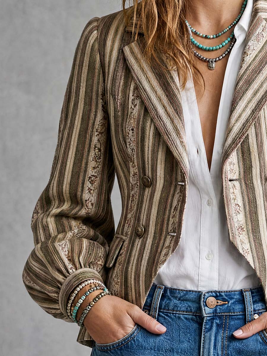 Boho Striped Double-Breasted Blazer With Bishop Sleeves