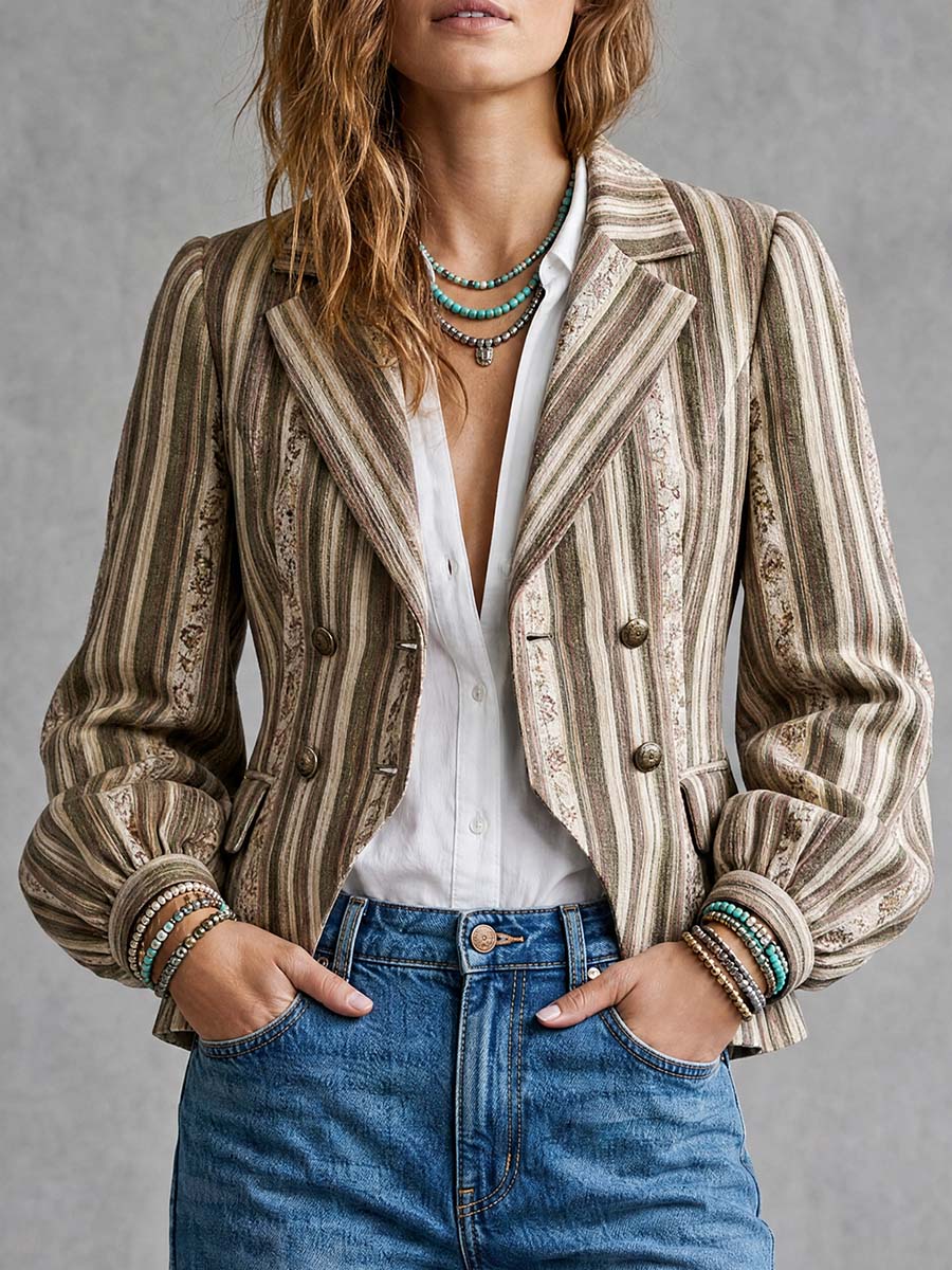 Boho Striped Double-Breasted Blazer With Bishop Sleeves