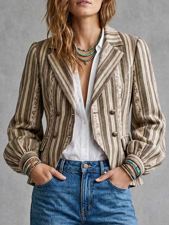 Boho Striped Double-Breasted Blazer With Bishop Sleeves