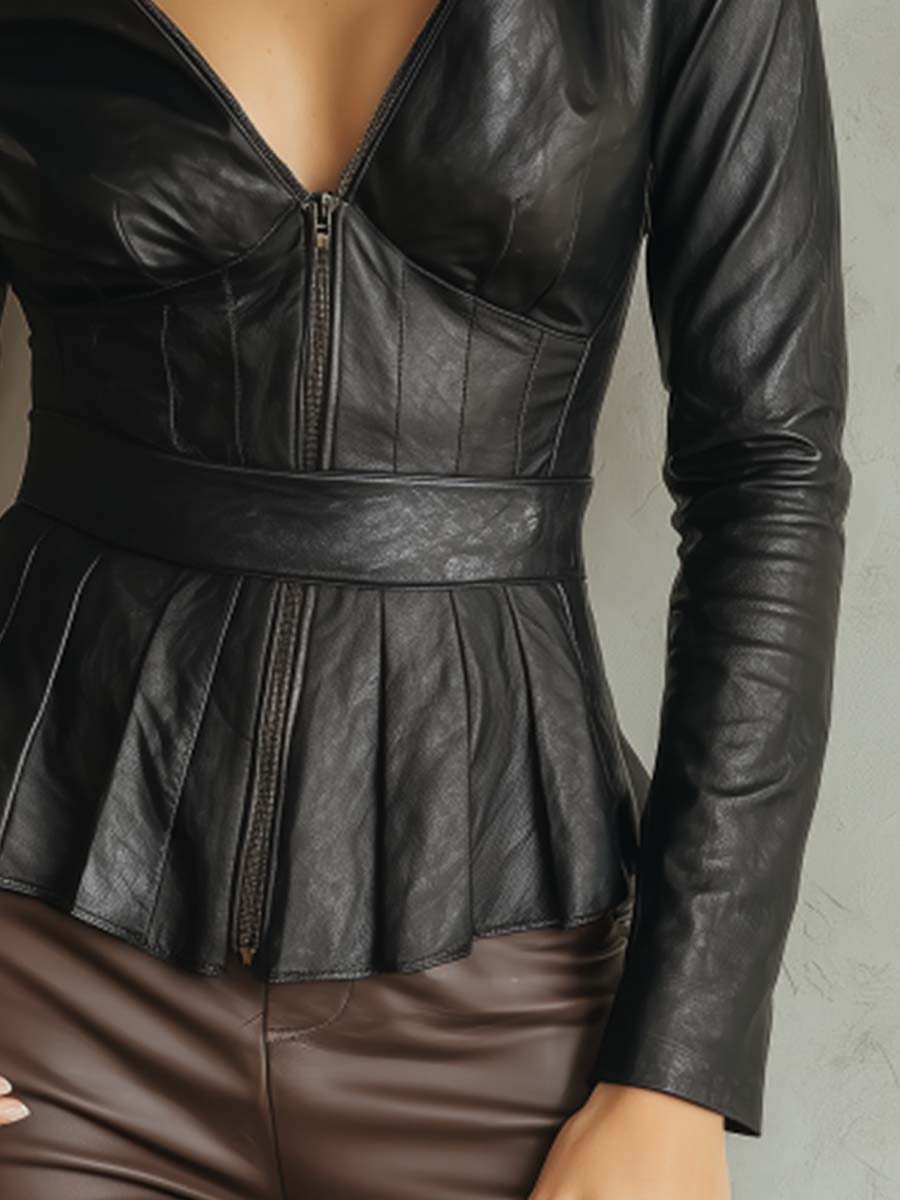 Retro Flared Hem Faux Leather Jacket