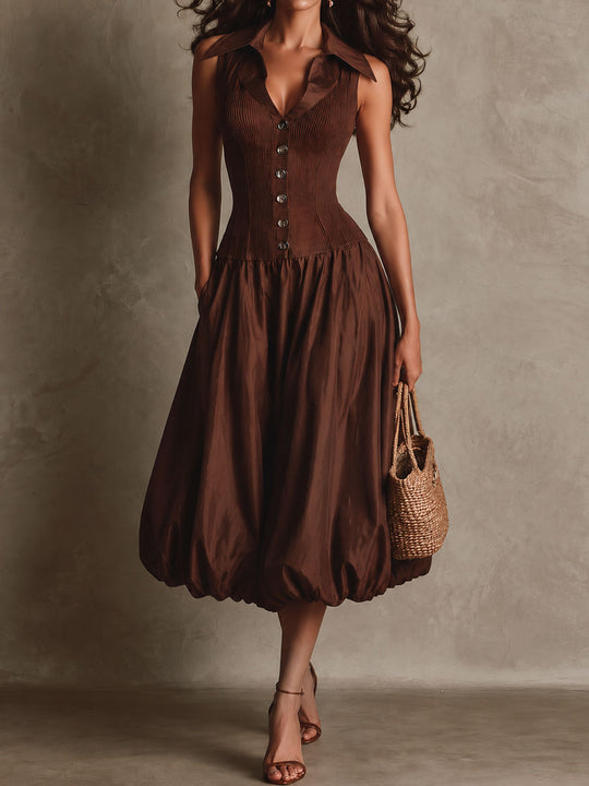 Retro Brown Collar Ribbed Button Front Pocket Bubble Hem Midi Dress